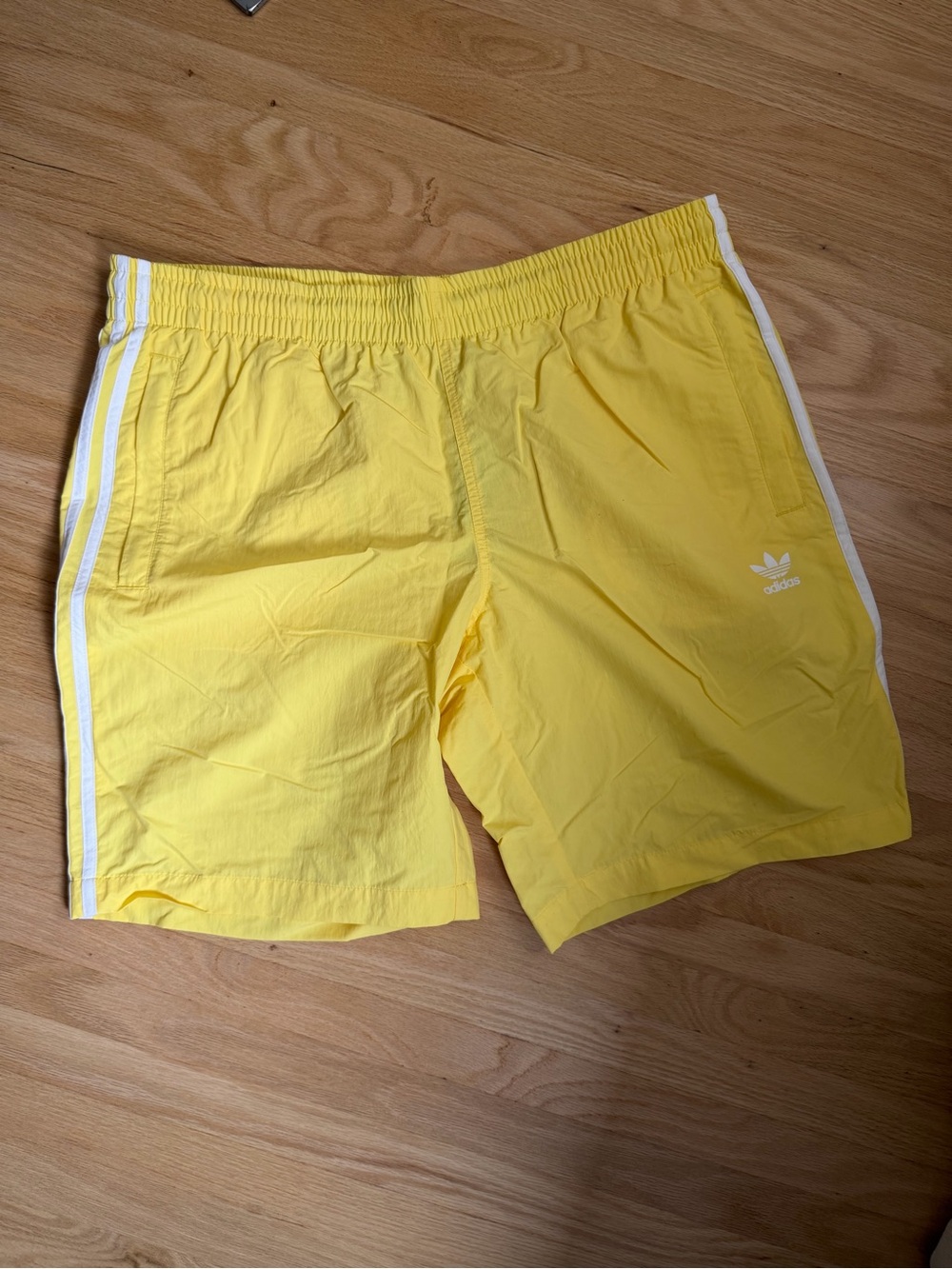 adidas Men's Bright Yellow Athletic Shorts with White Stripes
